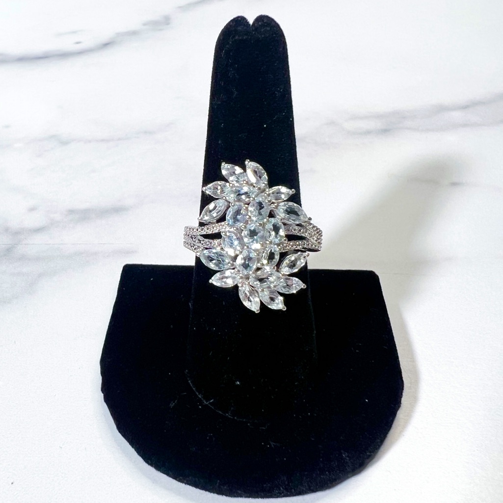 2.42ctw Marquise & Oval Aquamarine W/.05ctw Round White Zircon Sterling Ring